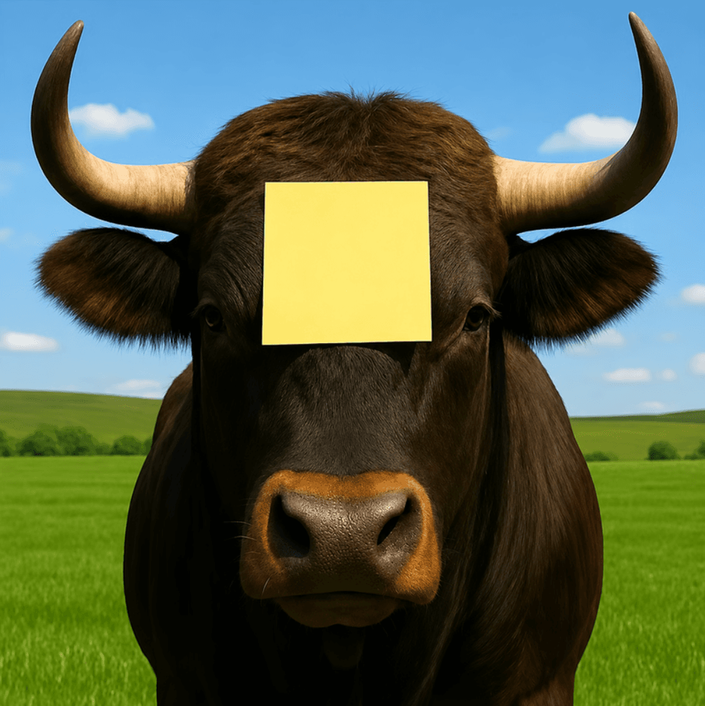 A bull in a green field with a blank yellow sticky note on its forehead
